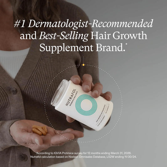 Person holding a Nutrafol supplement container with text about dermatologist recommendation and best-selling status.