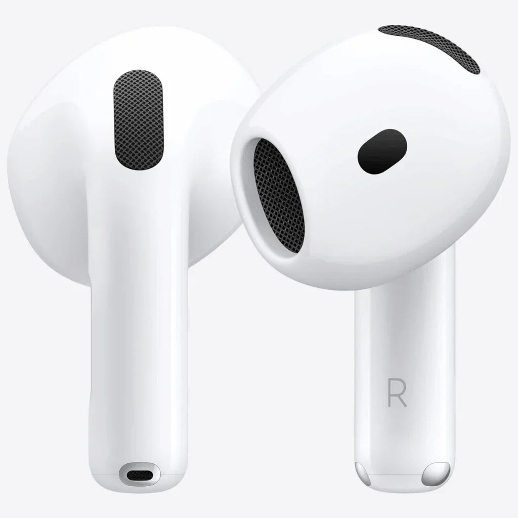 Two white wireless earbuds with black speaker grilles, shown on a clean white background. One earbud is facing forward and the other is angled to show the side with an 'R' marking.