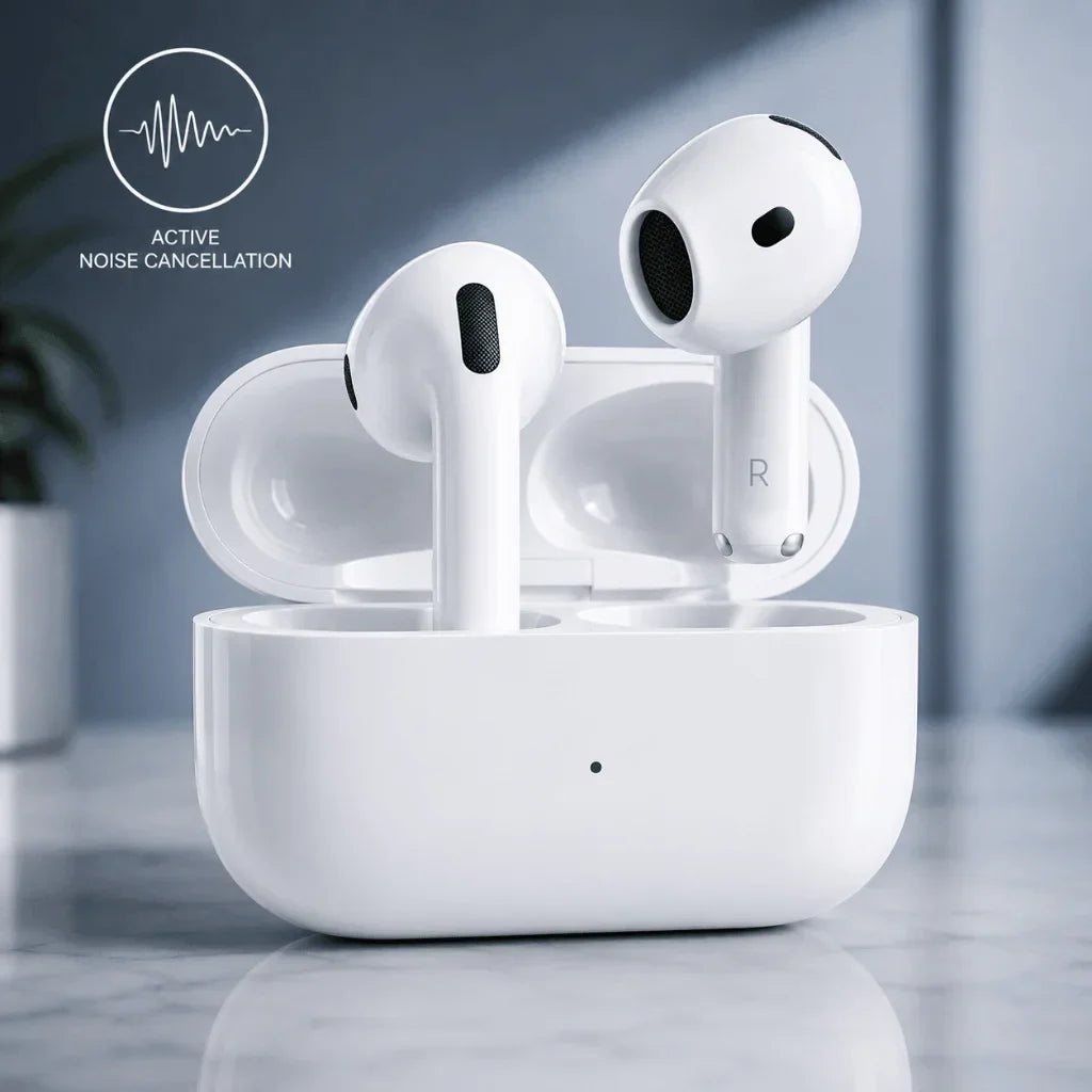White wireless earbuds in an open charging case on a marble surface with a soft gray-blue background. A small graphic in the upper left says 'ACTIVE NOISE CANCELLATION'.