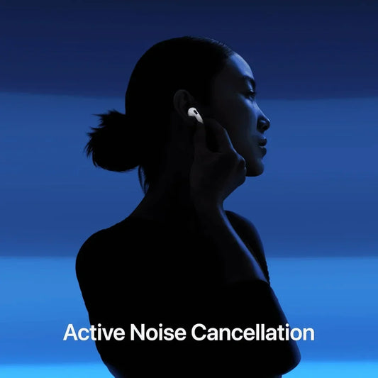 Person wearing Apple AirPods 4 with Active Noise Cancellation